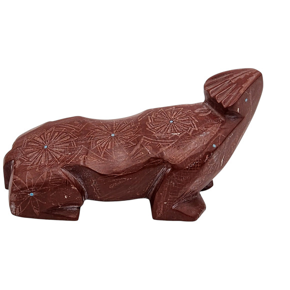 Native American Zuni Bear Fetish Derrick Kaamasee Pipestone Carving Turquoise 4" - Picture 11 of 16